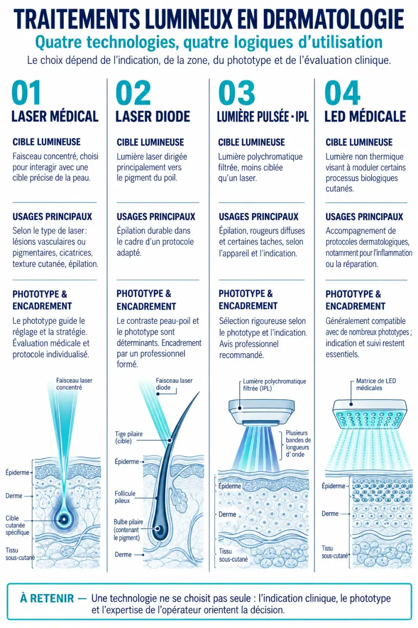Dermatologue laser en Seine-et-Marne : différences entre laser médical, laser diode, lumière pulsée et LED médicale