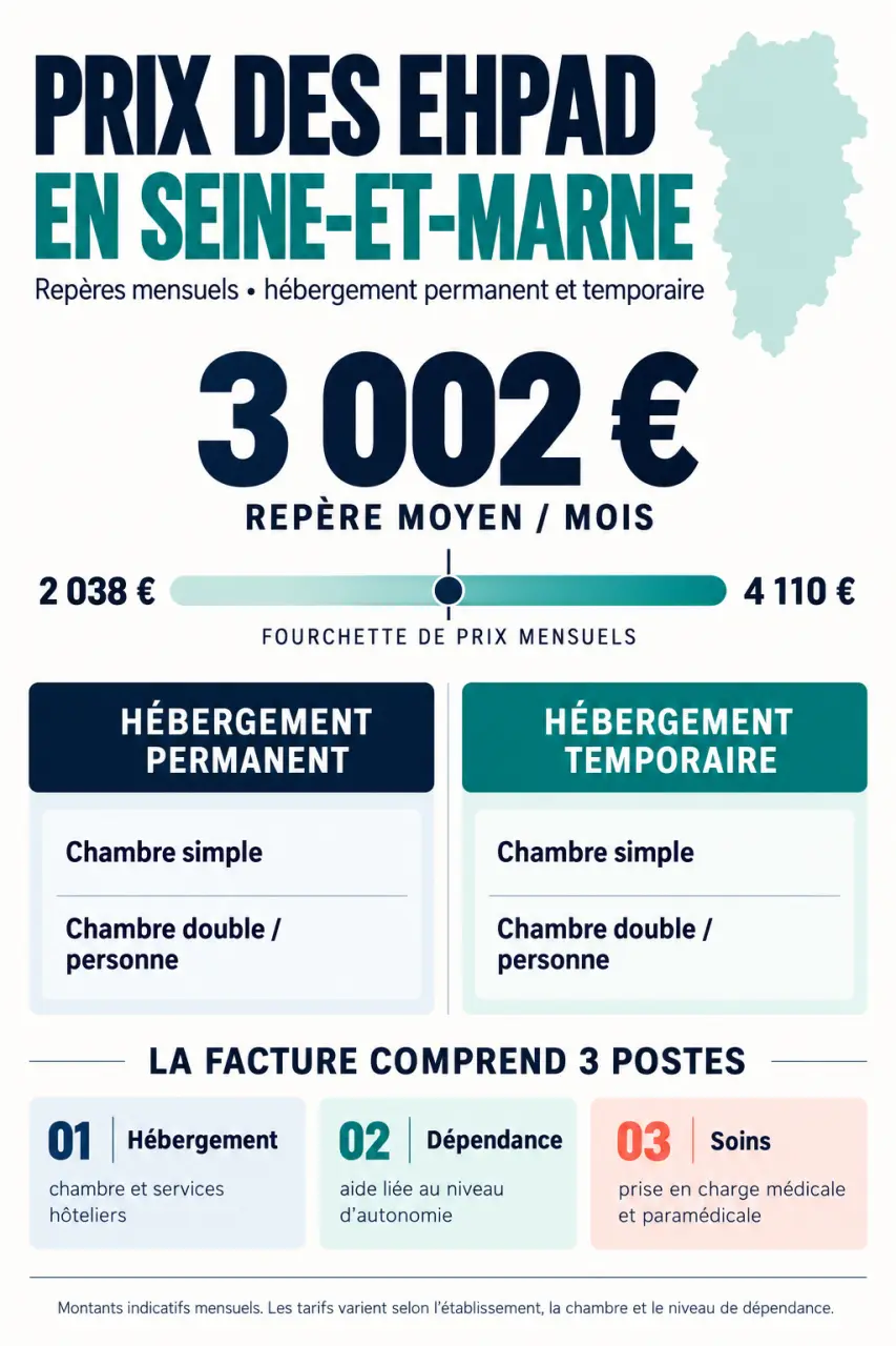 Infographie sur le prix EHPAD Seine-et-Marne, les fourchettes mensuelles et les postes de facture
